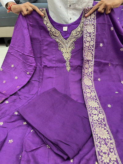 Purple Banarasi Handwork Anarkali Suit Set
