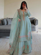 Powder Blue Georgette Pink Embroidery Palazzo Suit Set - BONYHUBSALWAR KAMEEZ
