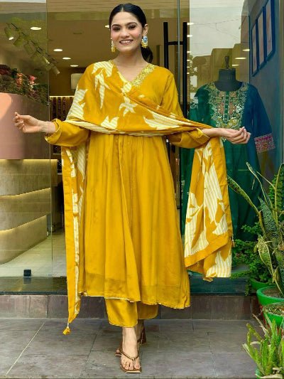 Honey Mustard Yellow Chinon Anarkali Suit Set - BONYHUBSALWAR KAMEEZ