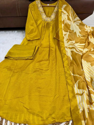 Honey Mustard Yellow Chinon Anarkali Suit Set - BONYHUBSALWAR KAMEEZ
