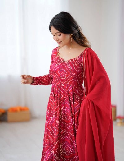 Rani Pink & Red Bhandhani Anarkali Suit Set - BONYHUBSALWAR KAMEEZ
