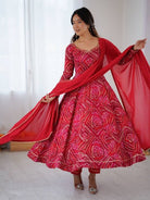 Rani Pink & Red Bhandhani Anarkali Suit Set - BONYHUBSALWAR KAMEEZ