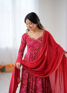Rani Pink & Red Bhandhani Anarkali Suit Set - BONYHUBSALWAR KAMEEZ