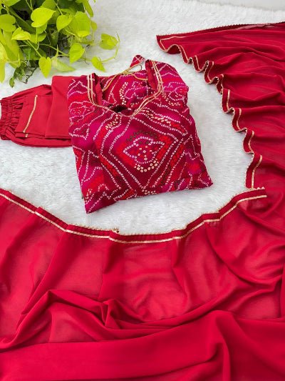 Rani Pink & Red Bhandhani Anarkali Suit Set - BONYHUBSALWAR KAMEEZ