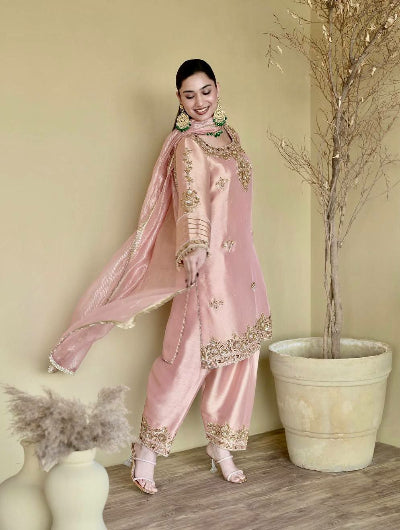 Pastel Pink Gold Handwork Satin Silk Salwar Suit
