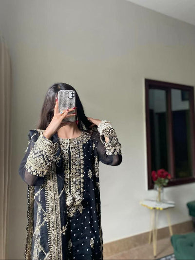 Black Georgette Sequence Embellished Straight Suit