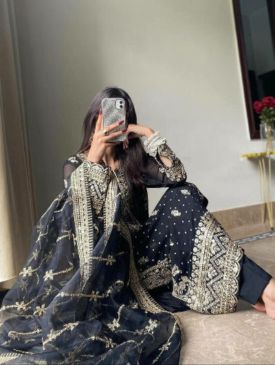 Black Georgette Sequence Embellished Straight Suit