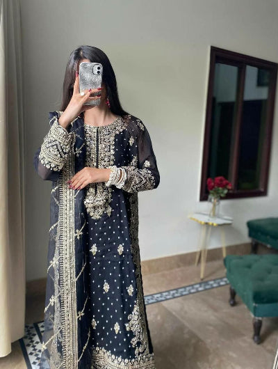 Black Georgette Sequence Embellished Straight Suit