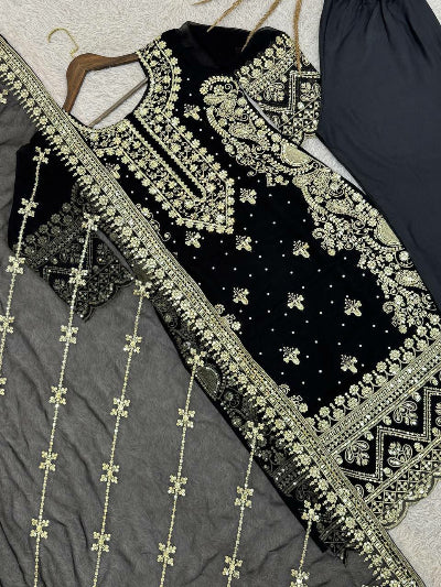 Black Georgette Sequence Embellished Straight Suit