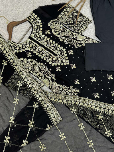 Black Georgette Sequence Embellished Straight Suit