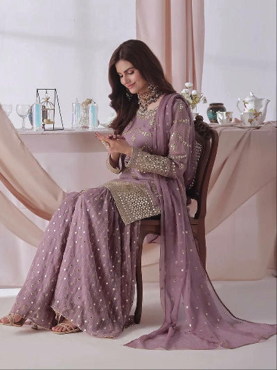 Pastel Lilac Gold Embroidery Gharara Suit Set