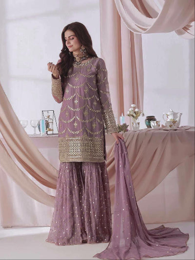 Pastel Lilac Gold Embroidery Gharara Suit Set