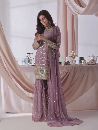Pastel Lilac Gold Embroidery Gharara Suit Set