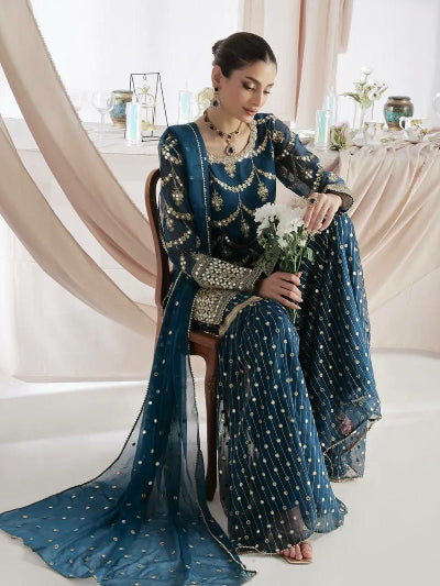 Teal Blue Gold Embroidery Gharara Suit Set