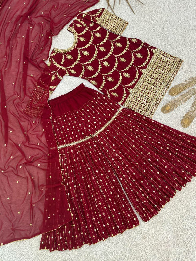 Royal Maroon Gold Embroidery Gharara Suit Set