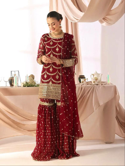 Royal Maroon Gold Embroidery Gharara Suit Set