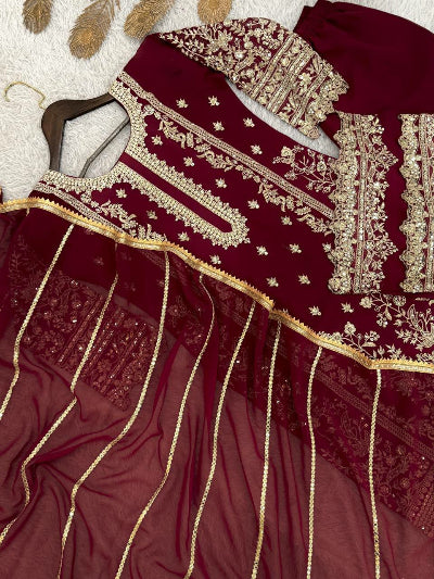 Rich Maroon Gold Embroidery Georgette Palazzo Suit