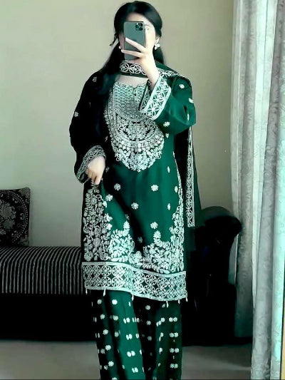 Dark Green Silver Embroidery Work Gharara Suit