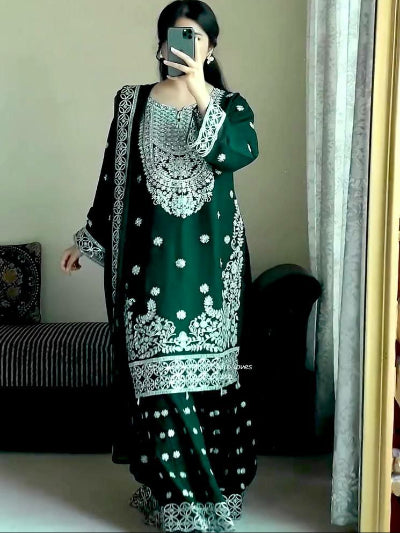 Dark Green Silver Embroidery Work Gharara Suit