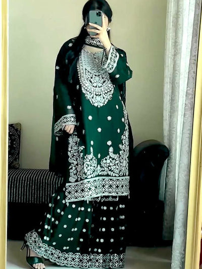 Dark Green Silver Embroidery Work Gharara Suit