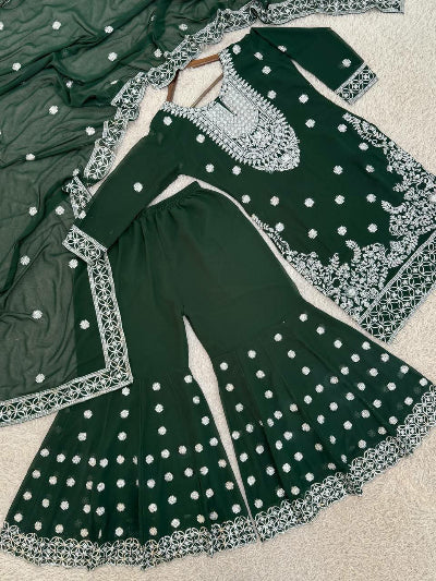 Dark Green Silver Embroidery Work Gharara Suit