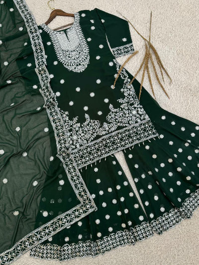 Dark Green Silver Embroidery Work Gharara Suit
