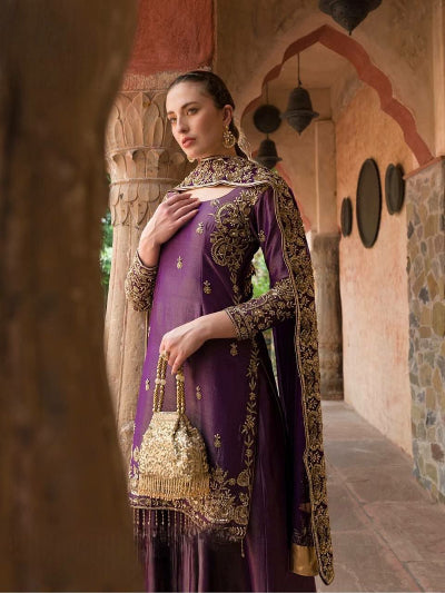 Purple Shimmer Silk Embroidery Sharara Suit