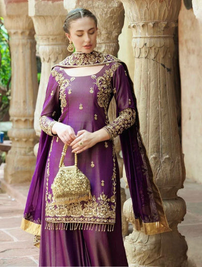 Purple Shimmer Silk Embroidery Sharara Suit