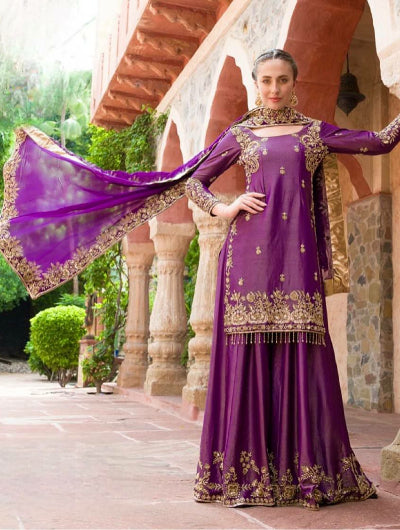 Purple Shimmer Silk Embroidery Sharara Suit