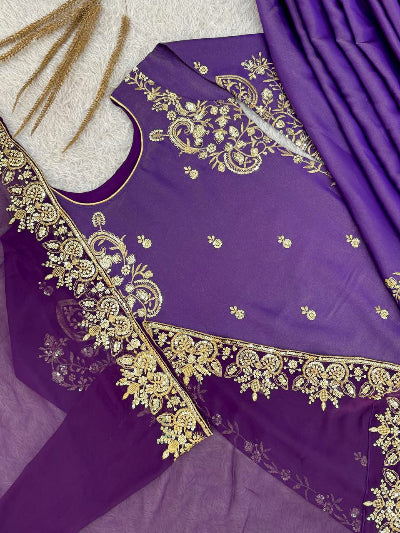 Purple Shimmer Silk Embroidery Sharara Suit