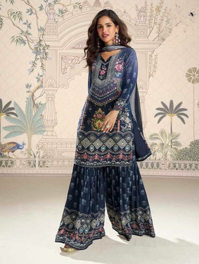 Navy Blue Dual Shade Print Mirror Work Gharara Suit