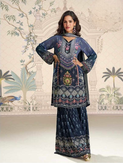 Navy Blue Dual Shade Print Mirror Work Gharara Suit
