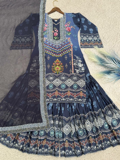 Navy Blue Dual Shade Print Mirror Work Gharara Suit