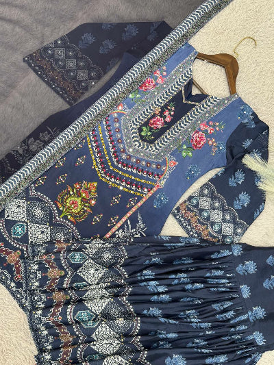 Navy Blue Dual Shade Print Mirror Work Gharara Suit