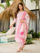 White & Pink Cotton Floral Straight Suit Set - BONYHUBSALWAR KAMEEZ