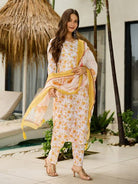 White & Yellow Cotton Floral Straight Suit Set - BONYHUBSALWAR KAMEEZ
