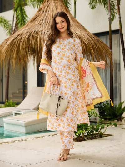 White & Yellow Cotton Floral Straight Suit Set - BONYHUBSALWAR KAMEEZ
