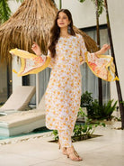 White & Yellow Cotton Floral Straight Suit Set - BONYHUBSALWAR KAMEEZ