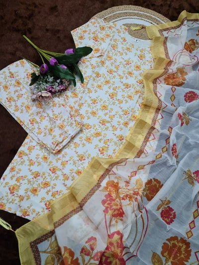 White & Yellow Cotton Floral Straight Suit Set - BONYHUBSALWAR KAMEEZ