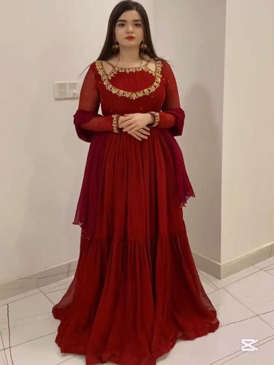 Red Georgette Ruffle Embroidery Anarkali Gown Suit Set - BONYHUBSALWAR KAMEEZ
