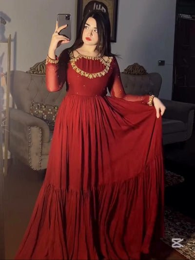 Red Georgette Ruffle Embroidery Anarkali Gown Suit Set - BONYHUBSALWAR KAMEEZ