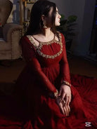 Red Georgette Ruffle Embroidery Anarkali Gown Suit Set - BONYHUBSALWAR KAMEEZ