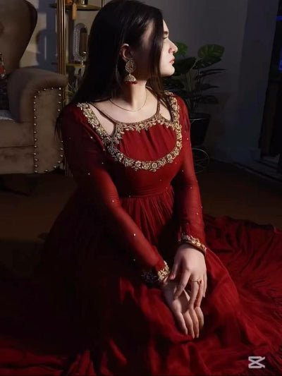 Red Georgette Ruffle Embroidery Anarkali Gown Suit Set - BONYHUBSALWAR KAMEEZ