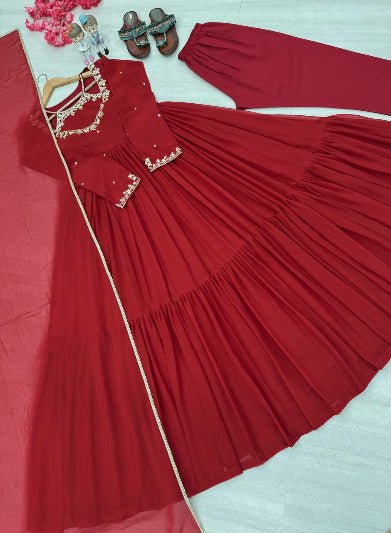 Red Georgette Ruffle Embroidery Anarkali Gown Suit Set - BONYHUBSALWAR KAMEEZ