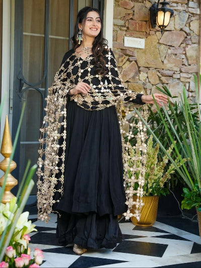 Classic Black Anarkali Suit with Gold Mirror Work Dupatta