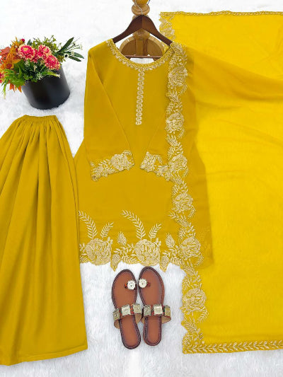 Haldi Yellow Georgette Elegant Embroidery Sharara Suit