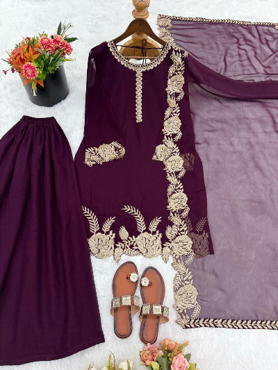 Deep Plum Georgette Elegant Embroidery Sharara Suit