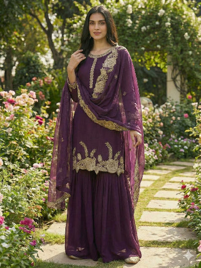 Deep Plum Georgette Elegant Embroidery Sharara Suit