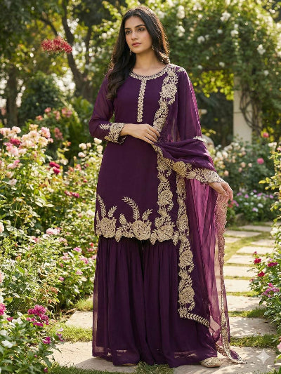 Deep Plum Georgette Elegant Embroidery Sharara Suit