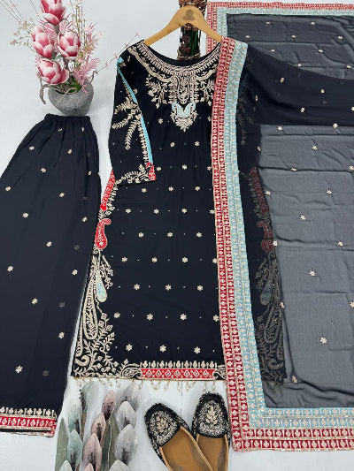 Black Georgette Festive Embroidered Palazzo Suit